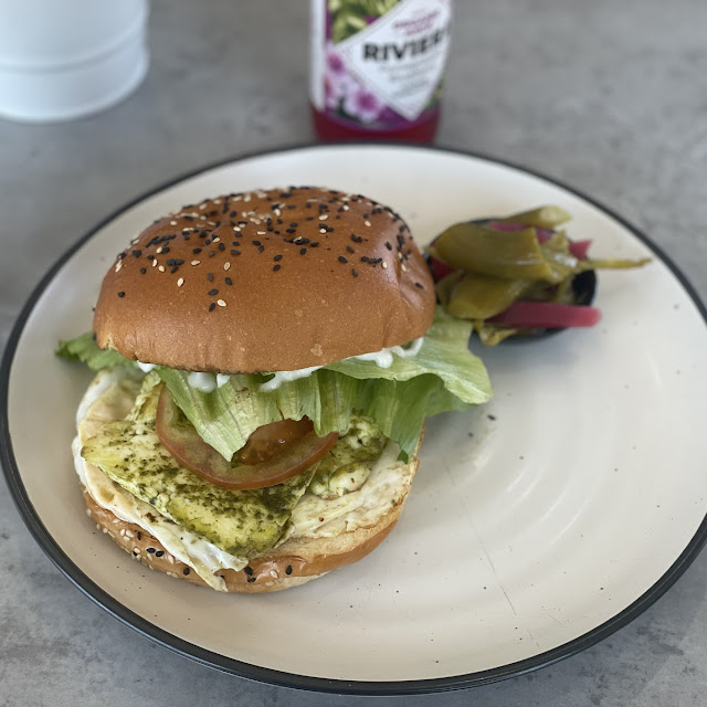 Halloumi & Egg Burger with Pickled Chilli’S and Iceberg Lettuce on a Brioche Seeded Bun